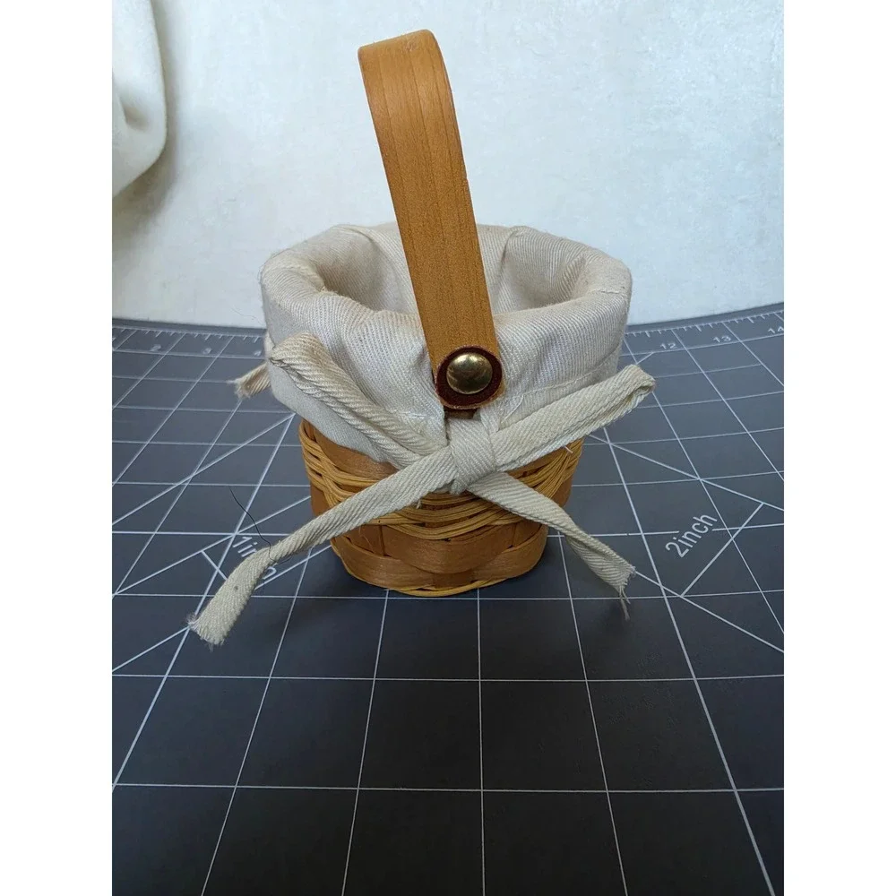 Miniature Woven Wood Basket with Handle and Cream Fabric Liner Small Decor